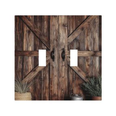 Imagem de VGHOKO Capa decorativa de placa de interruptor com porta de celeiro rústica design vintage de textura de madeira desgastada placa de parede 2 gangues exclusivo interruptor duplo interruptor de luz