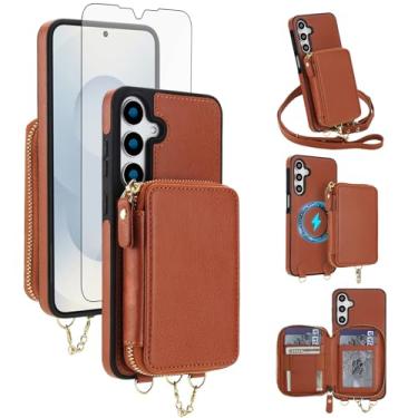 Imagem de Capa de celular para Samsung Galaxy S25 FE 5G carteira com zíper e protetor de tela, alça transversal 2 em 1 magnética destacável bloqueio RFID flip S 25 EF S25FE 25S 25FE feminina marrom