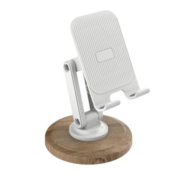 Imagem de Junyeseri Suporte de telefone de mesa – base de padrão de madeira ajustável e dobrável com rotação de 360° para iPhone e smartphones | Suporte universal para celular para uso em escritório e casa