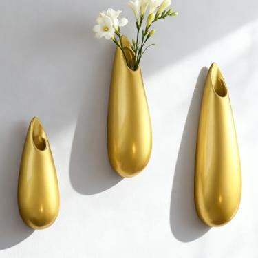 Imagem de DOCFLVAS Vaso de cerâmica escultural de parede — Pacote com 3 vasos de arandela dourados | Transforme flores em arte — Arandela decorativa de cerâmica para exibição de haste única