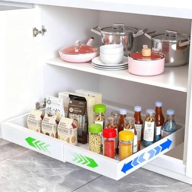 Imagem de Pacote com 1 organizador expansível para armário de cozinha, gaveta deslizante de 53 cm de profundidade para armários de cozinha, prateleiras adesivas para despensa, suporte de carga, 3 trilhos