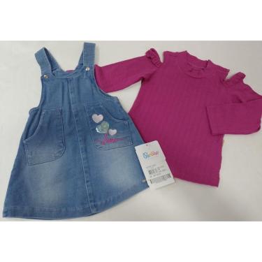 Imagem de Vestido Jardineira Jeans + Blusa Menina Luxo Paraiso 13233-Feminino