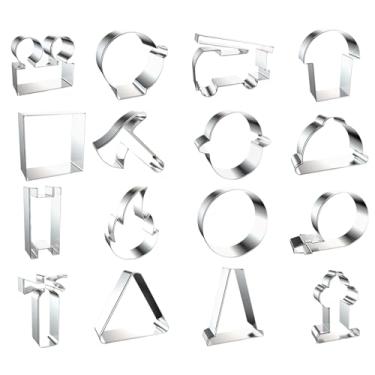 Imagem de Cortador de biscoito de metal, conjunto de 16 conjuntos divertidos de cortadores de biscoitos, ferramentas de cozimento, moldes de relevo, moldes de pastelaria, utensílios de cozinha para assar na