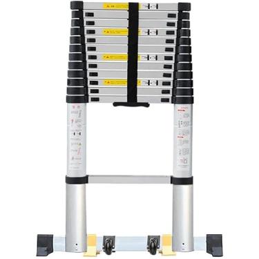 Imagem de OKUOKA Escada telescópica mais alta de 5 m/6 m/7 m/8 m com barra estabilizadora e rodas, escadas telescópicas dobráveis para edifícios externos e topo do telhado (tamanho: 5,4 m/17,7 pés)