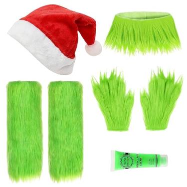 Imagem de Yi-gog Christmas Monster Santa Costume Accessories Set Green Furry Hand Gloves Leg Warmers Collar Hat Adult Holiday Xmas Party