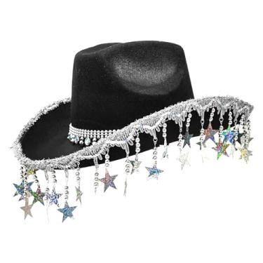Imagem de Chapéu de vaqueira para meninas com borla - Chapéu de cowboy com glitter | Chapéu brilhante com borlas de estrela de cinco pontas para mulheres