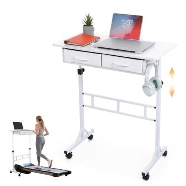 Imagem de PapeFolicer Mesa de pé pequena ajustável com gavetas, mesa de rodinhas ajustável em altura para escritório em casa, mesa portátil de computador pequena com rodas para tapete de caminhada, branca