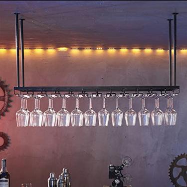Imagem de THGYJP Suporte de vinho para pendurar no teto, suporte para copos de vinho, organizador de metal sob o armário para bar armário de cozinha, preto (tamanho: 80 x 35 cm)