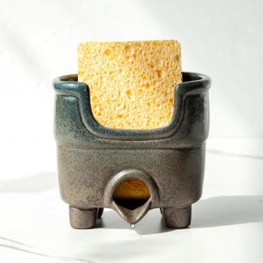 Imagem de wowhalolo Suporte de esponja de cerâmica com drenagem, organizador de pia de fazenda, design de autodrenagem para esponjas, sabão, escovas, acessório de cozinha rústico compacto, mantém o balcão seco