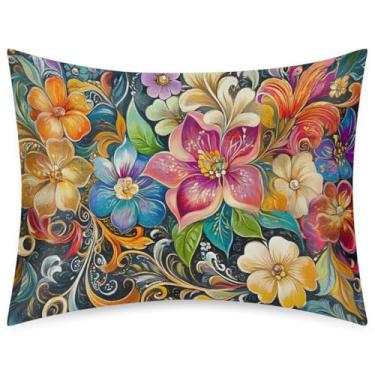 Imagem de Fronha de almofada de cetim de seda de tamanho padrão para cabelo e pele capa de almofada macia antiderrapante refrescante arte de flores coloridas com fecho de envelope para dormir mulheres homens