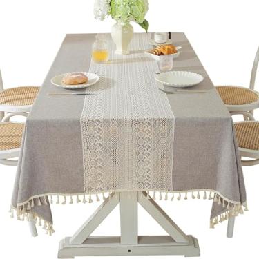 Imagem de Qubjus Toalha de mesa retangular de tecido de poliéster de mistura de algodão de linho com borlas minimalista, elegante, toalha de mesa durável para jantar de casa de fazenda, decoração de casamento