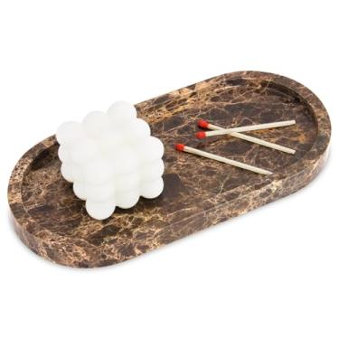 Imagem de Bandeja oval de mármore para banheiro, bandeja de mesa de banheiro de mármore natural de luxo, bandeja decorativa de bancada de pedra para joias de perfume de café (marrom escuro, 25,4 cm x 12,7 cm x