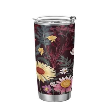 Imagem de xigua Copo de flores silvestres de jardim aquarela com tampa de palha, caneca de viagem a vácuo de parede dupla, caneca de café bem isolada, copo de aço inoxidável para bebidas quentes e frias, 600 ml