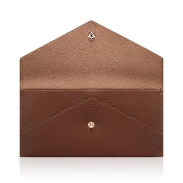 Imagem de XEYOU Carteira de cartão envelope para mulheres e homens, couro legítimo, carteira fina para cartão de crédito com bolso para moedas com zíper, Marrom, Moderno