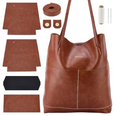 Imagem de WEBEEDY Kit de bolsa de couro PU feito à mão, kit de costura com instruções, kit de tricô de crochê todos os materiais para mulheres, presente feito à mão, aniversário, Natal, 32,6 x 13,4 x 3,9
