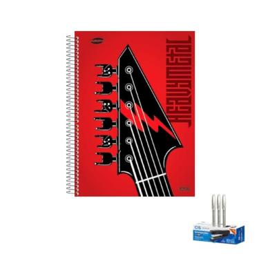 Imagem de Kit Caderno Masculino 20 Matérias 400 Folhas + Caneta Trigel 0.8mm Caixa com 12 + Grampeador Metallic C-15