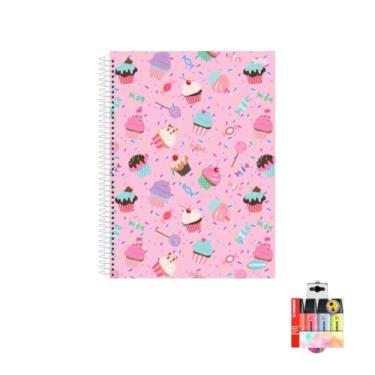 Imagem de Kit Caderno Feminino 10 Matérias Capa Dura 200 Folhas + Caneta Esferográfica 0.7mm Sortidas + Marca Texto Boss 04 Cores Pastel