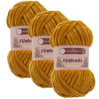 Imagem de Makromecity 3 novelos de fio de veludo 100 g (3,5 oz) / 120 m (132 jardas) fio de chenille premium 100% poliéster, ultra macio, antibolinhas, lavável na máquina, 30 cores para tricô e crochê (mostarda