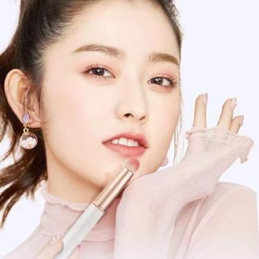 Imagem de 1 pincel portátil de cabeça redonda para lábios com tampa de transporte, corretivo de batom, pincel de maquiagem sintético macio com brilho labial (branco)