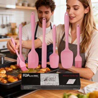 Imagem de Conjunto de 6 espátulas de borracha de silicone resistente ao calor, espátulas de cozinha, cozinhar, assar, misturar para panelas antiaderentes, lavável na lava-louças (rosa)