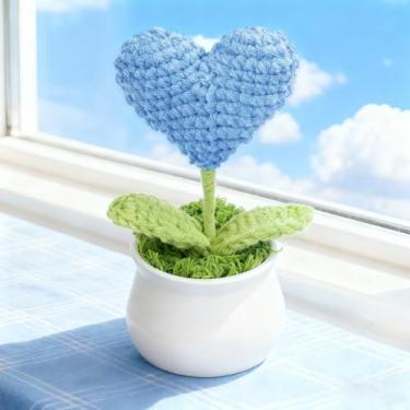 Imagem de Vaso de plantas de crochê, mini decoração de malha para casa/escritório/presentes, decoração de mesa ecológica, coração azul