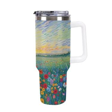 Imagem de Copo de café de 1,134 g com flores copo de café copo Stanley de grande capacidade copo de aço inoxidável isolado a vácuo selado para suporte de copo de carro e ao ar livre à prova de vazamento e