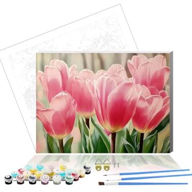 Imagem de bestact Kits de pintura de tulipas emolduradas por números para adultos, pintura de flores por números com moldura para iniciantes em tela, kits de pintura DIY fáceis para decoração de parede de casa