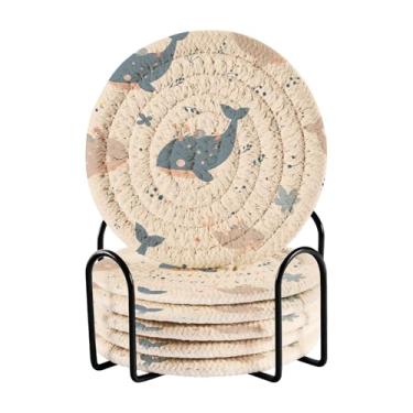 Imagem de Qilmy Conjunto de 6 peças de porta-copos de baleia de desenho animado ou porta-copos de bar para bebidas, porta-copos de fazenda ou porta-copos de mesa rústicos, porta-copos modernos de algodão para o