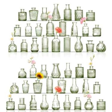 Imagem de MARTAGE Conjunto de 48 vasos de vidro, pequenos vasos verdes para centros de mesa, vaso de vidro pequeno para flores, vaso de botão vintage a granel para casamento, festa, eventos, recepção, decoração