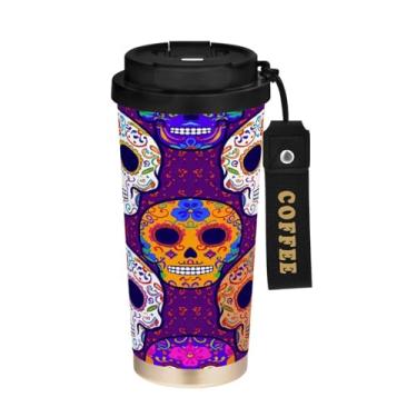 Imagem de STAYTOP Caneca de café colorida com isolamento de caveira de açúcar de 482 g, copo de café reutilizável de aço inoxidável com tampa flip à prova de vazamento à prova de vazamento para escritório