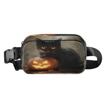 Imagem de CEBUGI Pochetes de caminhada para homens e mulheres, pochetes modernas para gatos pretos de Halloween, resistentes à água, com cinto ajustável para treino, viagem, corrida