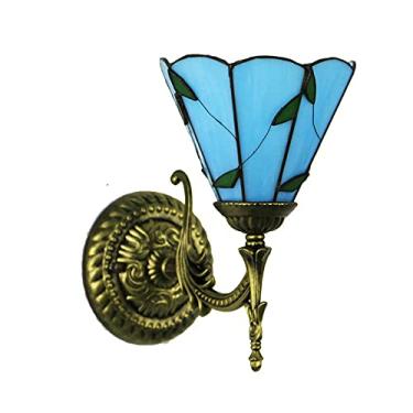 Imagem de Arandela de parede estilo Tiffany, com vitral azul mediterrâneo, luminária de parede retrô europeia com espelho frontal para quarto, cabeceira, corredor e varanda.