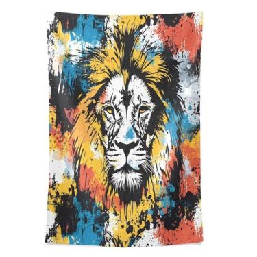 Imagem de STAYTOP Tapeçaria de arte colorida de leão, tapeçarias para decoração de casa, decoração de dormitório, sala de estar, quarto, tapete de parede (90 × 60 pol)