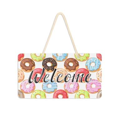Imagem de Burbuja Placa de boas-vindas colorida Donuts para porta da frente, placa de boas-vindas de PVC para decoração de férias, 15 x 28 cm