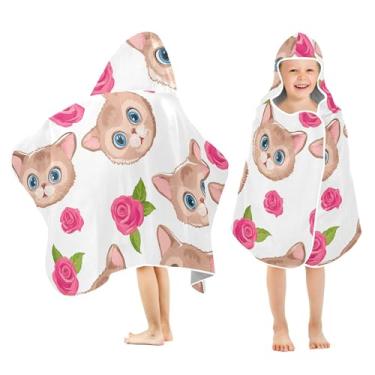 Imagem de Burbuja Toalha de banho com capuz Cats Roses para crianças, toalha de praia de pelúcia macia absorvente para meninas e meninos 3-10 anos, 61 x 127 cm