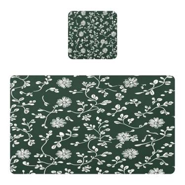 Imagem de Burbuja Jogo americano conjunto de 2, tapetes de mesa de cozinha com flores em PVC verde escuro, antiderrapante, resistente ao calor, à prova d'água, para mesa de jantar, lavável, 30,5 x 45,7 cm