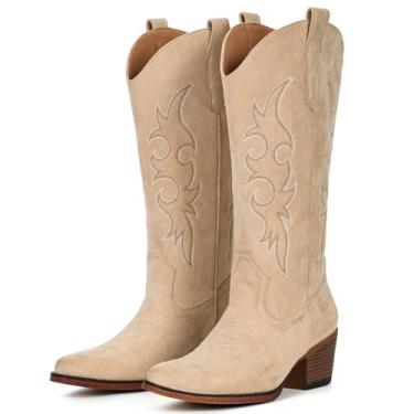 Imagem de IUV Botas de cowboy femininas Western Cowgirl, cano médio, bico curto, salto grosso, Camurça de camelo, 41