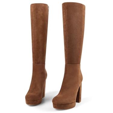 Imagem de zhsrin Botas femininas de salto alto com plataforma e bico redondo com zíper lateral, Camurça marrom, 35