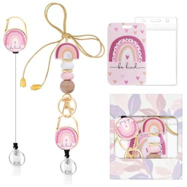 Imagem de Suporte de crachá de identificação colorido com conjunto de cordão de contas de silicone, cordão de professor fofo para chaves e chaveiro com suporte retrátil de carretel de crachá, presente para