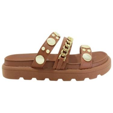 Imagem de Papete Feminina Slide Vizzano Tiras Largas Correntes 6510 102, Camel, 