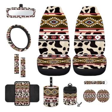 Imagem de Wanyint Conjunto de 12 capas de assento de carro com estampa de vaca asteca, capa de assento de carro dianteira, capa de volante, almofadas de cinto de segurança, suporte de braço, lixeira, bolso para