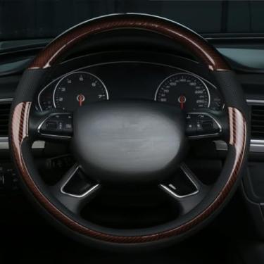 Imagem de Knonip Capa de volante automotivo de couro de grão de madeira, antiderrapante, inodoro, quatro estações, protetor universal de roda de carro de 38 cm (café de fibra de carbono)