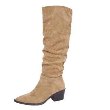 Imagem de Botas femininas de salto alto, cano médio, sapatos casuais confortáveis com bico fino para uso de lazer e atividades internas, ótimo para conforto diário, Caqui, 39