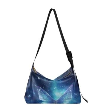 Imagem de Bolsa de ombro aquarela flores silvestres com borboletas, bolsa transversal com alça grossa, bolsa de ombro feminina, Borboleta azul voando no céu-1, One Size