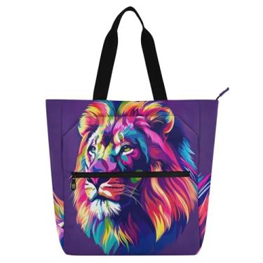 Imagem de Bolsa feminina colorida com cabeça de leão, bolsa de trabalho, lona, praia, escola, professores, livros, presente