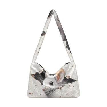 Imagem de Bolsa de pelúcia Ferocious Leopard preta de parede quebrada, sacola com zíper e alça de ombro, bolsa de ombro para mulheres, Mouse fofo atrás da parede quebrada, One Size