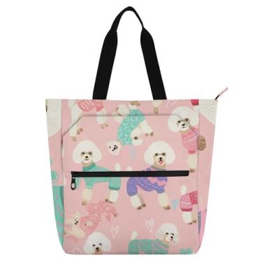 Imagem de GAIGEO Cute Poodles Dogs, rosa, bolsa de trabalho para mulheres, bolsa de lona com zíper, bolsa de praia, presente de viagem para amantes de livros