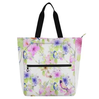 Imagem de Aquarela Flores Pássaros Bolsa de Trabalho Branca para Mulheres Sacola Lona Praia Escola Sacola de Professores Amantes de Livros Presentes