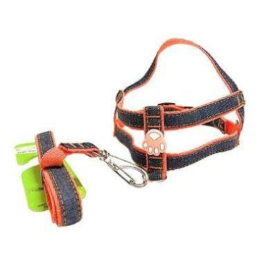 Imagem de Conjunto Peitoral Jeans Regulável com Guia para Cachorro - Estilo e Co