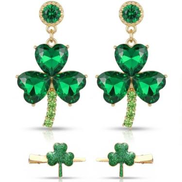Imagem de Zeptrix Conjunto de acessórios de Dia de São Patrício para mulheres, brincos de trevo e grampos de cabelo, brincos de Dia de São Patrício, coração verde da sorte, brincos de trevo de quatro folhas